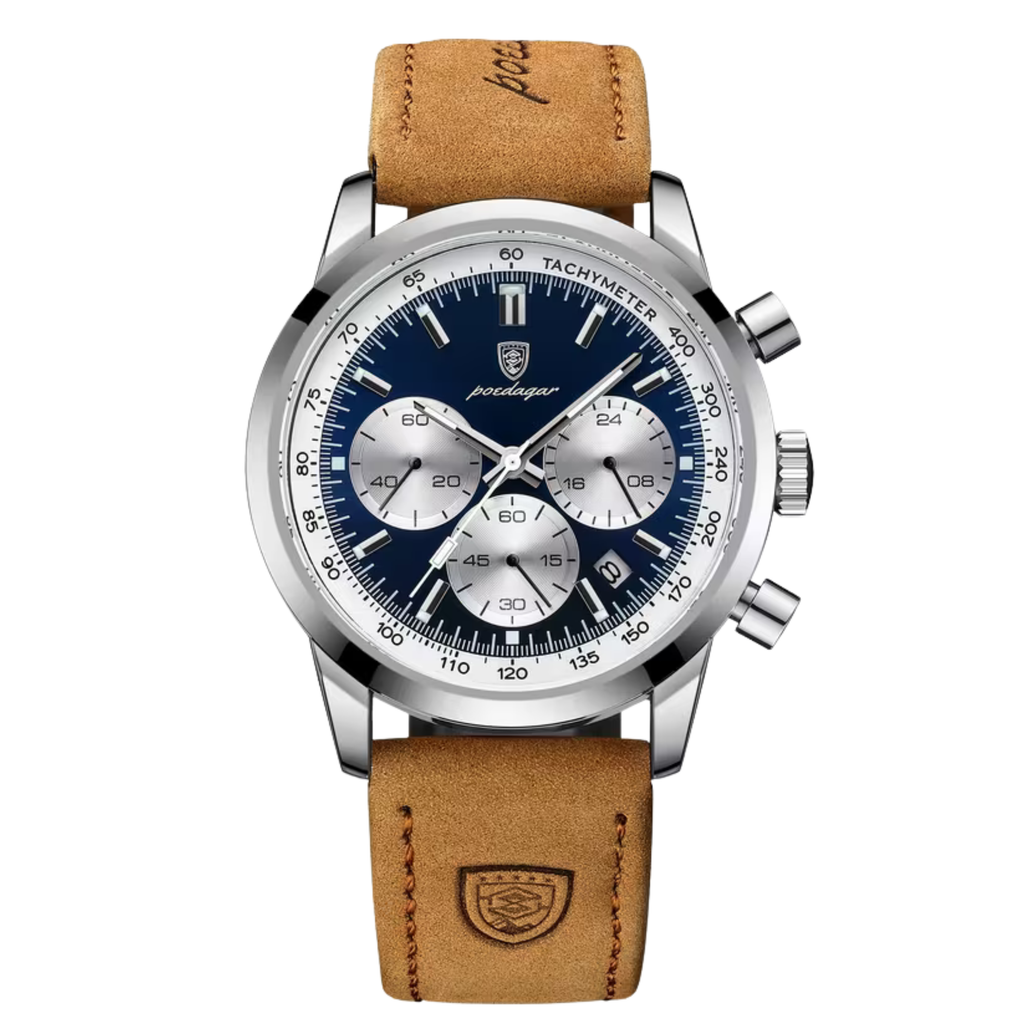 Poedagar Eclipse Men’s Watch – Luxury Chronograph Leather Strap Timepiece