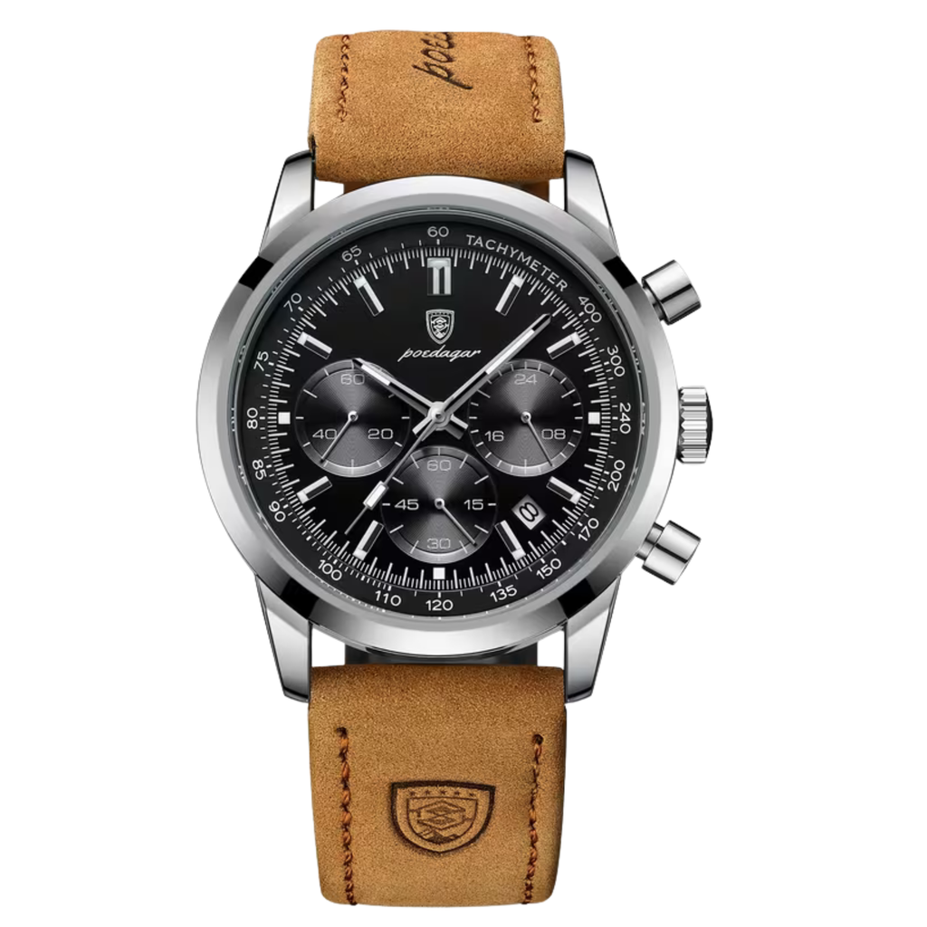 Poedagar Eclipse Men’s Watch – Luxury Chronograph Leather Strap Timepiece