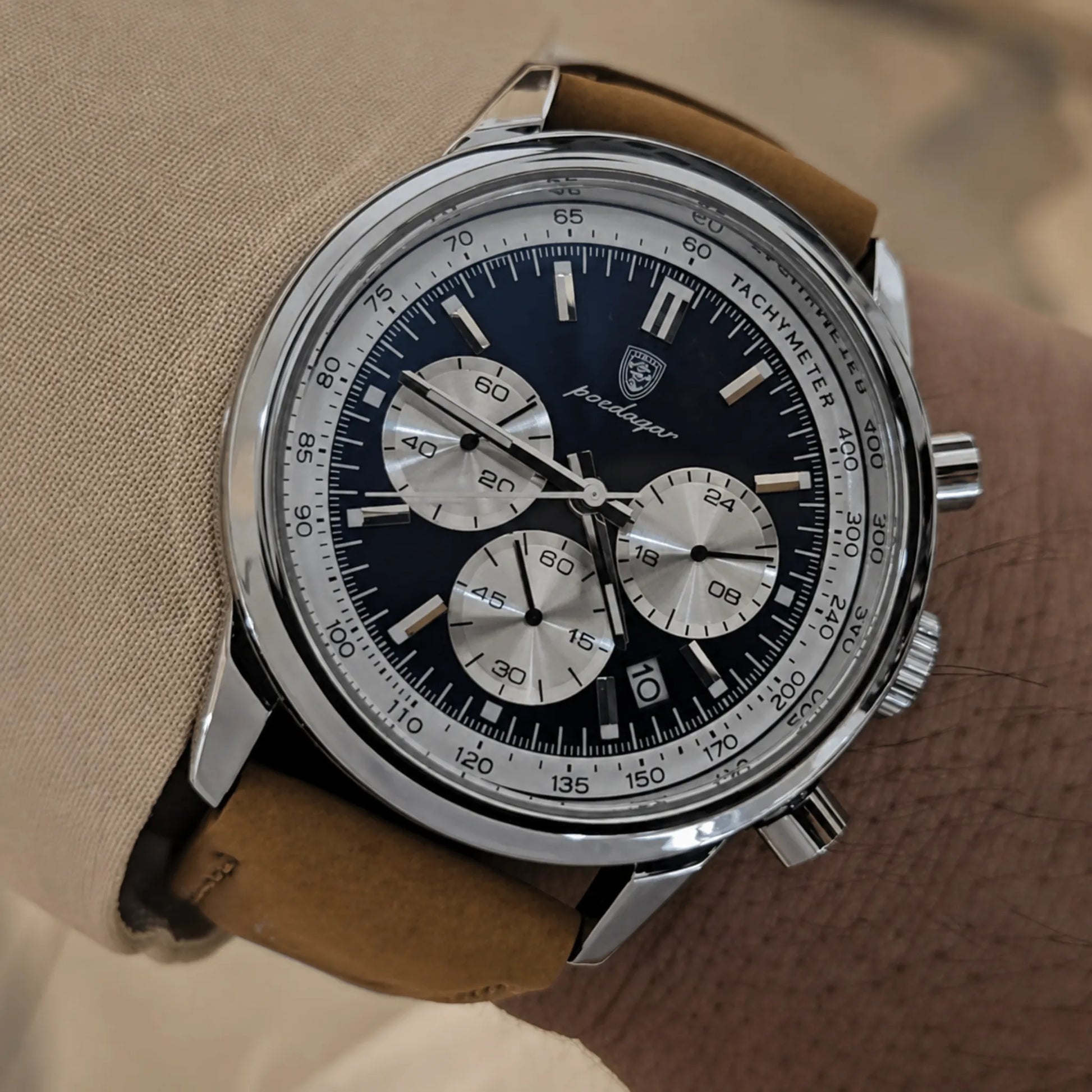 Poedagar Eclipse Men’s Watch – Luxury Chronograph Leather Strap Timepiece