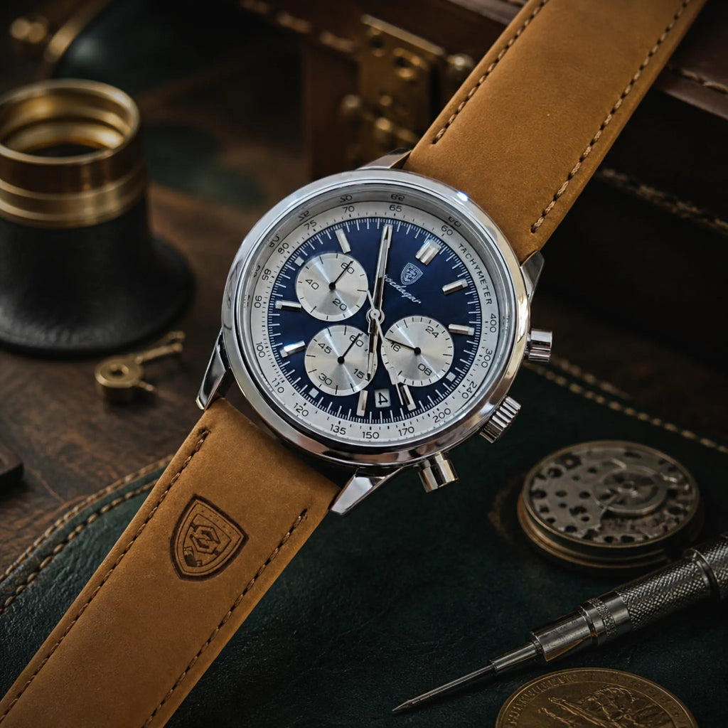Poedagar Eclipse Men’s Watch – Luxury Chronograph Leather Strap Timepiece