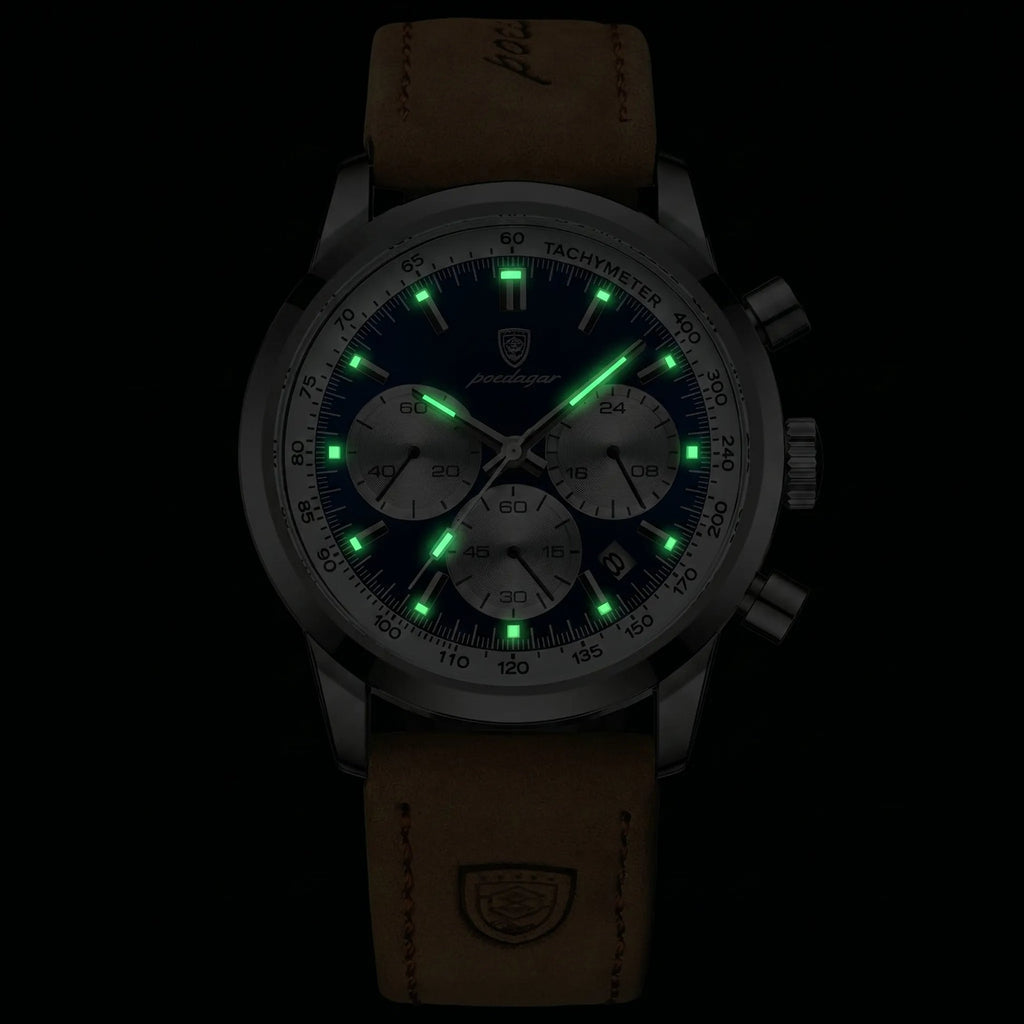 Poedagar Eclipse Men’s Watch – Luxury Chronograph Leather Strap Timepiece