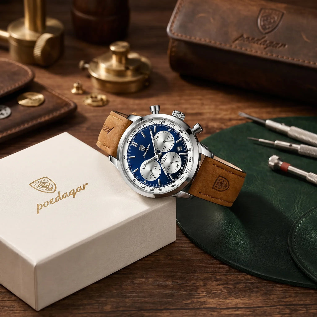 Poedagar Eclipse Men’s Watch – Luxury Chronograph Leather Strap Timepiece