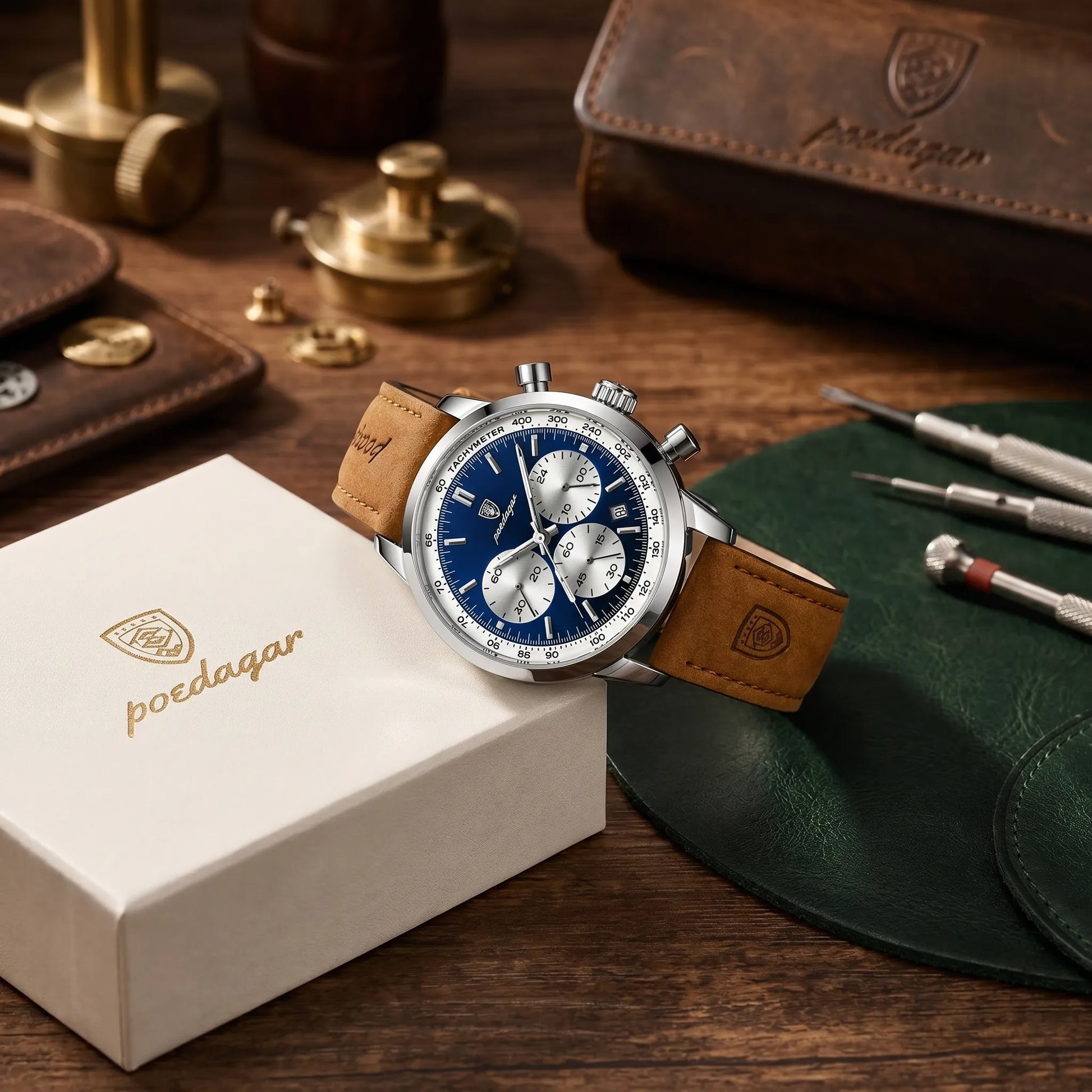 Poedagar Eclipse Men’s Watch – Luxury Chronograph Leather Strap Timepiece